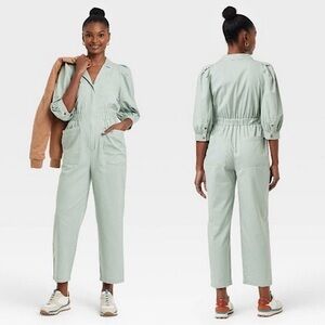 Universal Thread Puff Sleeve Collared Boiler Utility Jumpsuit, Mint - Size 6